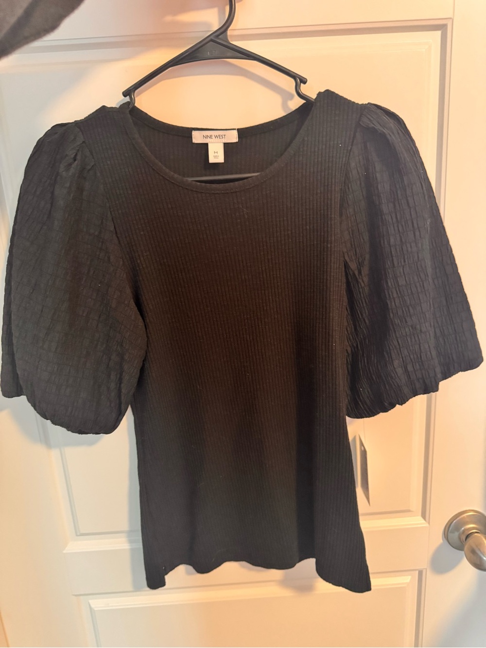 Nine West Black Ribbed Top with Puff Sleeves